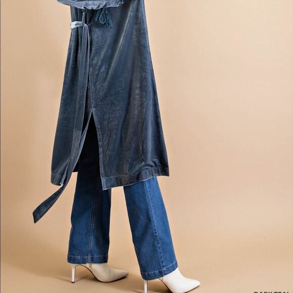 Dark Teal Velvet Boho Lace Up Tassel Sleeve Belted Open Cardigan Jacket - Picture 16 of 16